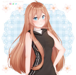 Rule 34 | 1girl, ahoge, artist name, bare arms, bare shoulders, black jacket, blue eyes, blush, breasts, brown hair, commentary, commission, deviantart logo, english commentary, floral print, highres, instagram logo, jacket, long hair, looking at viewer, medium breasts, original, puppypaww, sleeveless, sleeveless jacket, solo, twitter logo, upper body