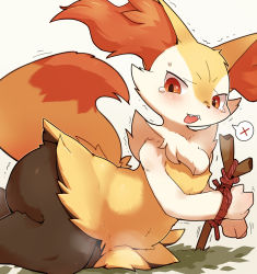 Rule 34 | 1girl, :3, absurdres, animal ear fluff, animal ears, animal hands, animal nose, black fur, blush, body fur, bound, bound wrists, braixen, breath, creatures (company), fangs, female focus, flat chest, fox ears, fox girl, fox tail, furry, furry female, game freak, gen 6 pokemon, grass, highres, kyameta, lying, multicolored fur, navel, neck fur, nintendo, on ground, on side, open mouth, own hands together, pokemon, rope, simple background, solo, speech bubble, spoken x, stick, sweat, tail, tears, teeth, thick thighs, thighs, trembling, white background, white fur, wide hips, yellow fur