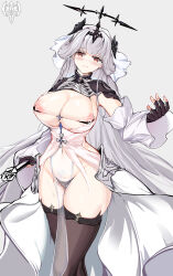 Rule 34 | 1girl, absurdres, azur lane, black bra, black gloves, black thighhighs, black tiara, blush, bra, breasts, closed mouth, dress, fingerless gloves, gloves, grey background, grey hair, highres, holding, holding sword, holding weapon, lactation, large breasts, long hair, looking at viewer, marseillaise (azur lane), navel, nipples, oshiokitime, pelvic curtain, red eyes, revealing clothes, simple background, solo, sword, thighhighs, underwear, vichya dominion (emblem), weapon, white dress, white hair, wide hips
