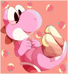Rule 34 | :p, artist name, berry, black eyes, boots, colored skin, commentary, dinosaur, hands on own chest, mario (series), nintendo, no humans, orange background, pink skin, purpleninfy, saddle, tail, tongue, tongue out, yoshi