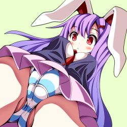 Rule 34 | 1girl, animal ears, bad id, bad pixiv id, blazer, blouse, breasts, cameltoe, fat mons, from below, highres, jacket, long hair, looking down, necktie, oimo (imoyoukan), oimonocake, panties, pantyshot, pink skirt, pleated skirt, purple hair, rabbit ears, rabbit girl, red eyes, red necktie, reisen udongein inaba, shirt, skirt, solo, striped clothes, striped panties, touhou, underwear, upskirt, white shirt