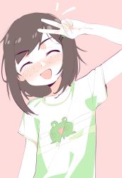 Rule 34 | 1girl, absurdres, artist request, blush, brown hair, child, collarbone, ears, closed eyes, freckles, frog, green hair ornament, green nails, green shirt, hair ornament, hairclip, highres, indie virtual youtuber, lily hopkins, medium hair, messy hair, nail polish, open mouth, pink background, shirt, short sleeves, simple background, source request, t-shirt, tongue, upper body, v, virtual youtuber
