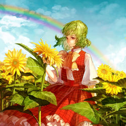 Rule 34 | 1girl, bad id, bad pixiv id, biiji, blue sky, bow, cloud, day, field, flower, flower field, green hair, kazami yuuka, open clothes, open vest, puffy short sleeves, puffy sleeves, rainbow, red eyes, shirt, short sleeves, skirt, skirt set, sky, solo, sunflower, sunflower field, touhou, vest