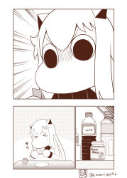 Rule 34 | &gt; &lt;, 1girl, angry, bottle, bread, closed eyes, collar, comic, commentary request, crying, cup, duct tape, eating, food, highres, horns, jam, jar, kantai collection, long hair, mittens, monochrome, moomin, moomintroll, muppo, northern ocean princess, o o, sazanami konami, solo, table, translation request, twitter username