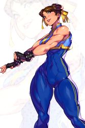 Rule 34 | 1girl, absurdres, bare arms, bare shoulders, blue unitard, bow, bracelet, brown eyes, brown hair, capcom, chun-li, covered navel, crop top, crop top overhang, double bun, hair bow, hair bun, hair ornament, hair ribbon, highres, jewelry, lips, looking at viewer, muscular, muscular female, pants, ribbon, simple background, sleeveless, smile, solo, street fighter, street fighter zero (series), thick thighs, thighs, tight clothes, tight pants, topsu, unitard, zoom layer