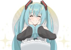 Rule 34 | 1girl, absurdres, aqua hair, aqua necktie, bare shoulders, birthday cake, black sleeves, blush, cake, closed eyes, commentary, detached sleeves, facing viewer, food, gosugasu, grey shirt, hair ornament, hands on own cheeks, hands on own face, happy birthday, hatsune miku, highres, long hair, necktie, shirt, smile, solo, sparkle, twintails, upper body, very long hair, vocaloid, white background