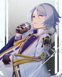 Rule 34 | 1boy, absurdres, amatou cacao, black gloves, blue eyes, blue hair, bubble tea, cup, drinking straw, genshin impact, gloves, hair between eyes, highres, holding, holding cup, kamisato ayato, light blue hair, long hair, long sleeves, looking at viewer, male focus, mole, mole under mouth, parted lips, pink pupils, solo, tassel, wide sleeves