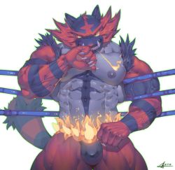 1boy, abs, animal ears, bara, bare pecs, boxing ring, bulge, cat boy, cat ears, cat tail, cowboy shot, creatures (company), fire, game freak, gen 7 pokemon, incineroar, large pectorals, looking at viewer, male focus, muscular, muscular male, navel, nintendo, nipples, personification, pokemon, pokemon (creature), raccoon21, solo, stomach, tail, thick thighs, thighs, veins, wrestling outfit