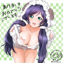 Rule 34 | 10s, 1girl, 2015, avendture, bent over, breasts, checkered background, cleavage, collarbone, downblouse, green eyes, happy new year, horns, large breasts, long hair, looking at viewer, love live!, love live! school idol festival, love live! school idol project, new year, purple hair, sheep, sheep horns, solo, tojo nozomi, translation request, twintails, twitter username