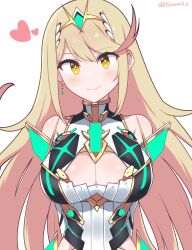 Rule 34 | 1girl, absurdres, arms behind back, bare shoulders, blonde hair, blush, breasts, chest jewel, cleavage, dress, earrings, headpiece, heart, highres, jewelry, large breasts, long hair, looking at viewer, mythra (xenoblade), reason3 s, smile, solo, swept bangs, tiara, very long hair, white background, xenoblade chronicles (series), xenoblade chronicles 2, yellow eyes