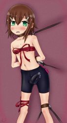 Rule 34 | 1boy, absurdres, androgynous, baka to test to shoukanjuu, bdsm, blush, bondage, bound, brown hair, bulge, collar, crossdressing, cum, cum in clothes, cum on clothes, cum through clothes, ejaculation, erection, erection under clothes, green eyes, hair ornament, hairclip, handsfree ejaculation, highres, kinoshita hideyoshi, looking at viewer, male focus, open mouth, penis, sex toy, short hair, shorts, solo, synesterneko, trap, vibrator, vibrator under clothes