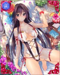 Rule 34 | 1boy, 1girl, artist request, barefoot, beach chair, blush, breasts, breasts apart, brown hair, character request, flower, large breasts, long hair, looking at viewer, lying, navel, official art, on back, parted lips, sengoku bushouki muramasa, solo, swimsuit, thigh strap