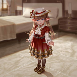Rule 34 | 1girl, absurdres, asakuraf, black pantyhose, blonde hair, blue eyes, blush, dress, drusilla, granblue fantasy, harvin, hat, hat ribbon, highres, indoors, long hair, long sleeves, looking at viewer, open mouth, pantyhose, pointy ears, puffy short sleeves, puffy sleeves, red dress, red ribbon, ribbon, shirt, shoes, short sleeves, smile, solo, standing, twintails, white hat, white shirt