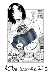 Rule 34 | 1girl, absurdres, barefoot, blue legwear, blue pants, blush, border, breasts, burger, closed eyes, comic, cookie, denim, drink, eating, food, from above, fukuhara takaya, highres, holding, holding food, jeans, large breasts, long hair, measurements, original, outside border, pants, parted bangs, plate, sequential, shirt, short sleeves, simple background, sitting, solo, speech bubble, spot color, t-shirt, table, thighs, translation request, wariza, weight gain