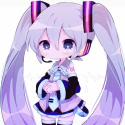 Rule 34 | 1girl, bad id, bad pixiv id, blue eyes, blue hair, blue necktie, blush, cardiogram, chibi, collared shirt, commentary request, crying, depressed, detached sleeves, frilled shirt collar, frills, grey shirt, haru431, hatsune miku, headset, highres, long hair, long sleeves, miniskirt, necktie, own hands together, shirt, shoulder tattoo, skirt, solo, strap, tattoo, tears, thighhighs, tie clip, twintails, very long hair, vocaloid