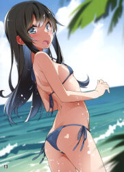 Rule 34 | 1girl, :o, absurdres, asashio (kancolle), ass, bare shoulders, beach, bikini, black hair, blue bikini, blue eyes, blue sky, blurry, blurry foreground, blush, breasts, cloud, cowboy shot, day, dutch angle, from behind, halterneck, highres, horizon, kantai collection, long hair, looking at viewer, looking back, micro bikini, mtu (orewamuzituda), non-web source, ocean, open mouth, outdoors, page number, scan, side-tie bikini bottom, sky, small breasts, smile, solo, standing, string bikini, swimsuit, tree, water