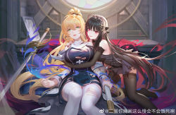 Rule 34 | 2girls, absurdres, ahoge, bare shoulders, black dress, black gloves, black hair, black thighhighs, blonde hair, breasts, coat, collar, cross, dress, earrings, elbow gloves, fangs, furrowed brow, gloves, green eyes, hair ornament, hand on another&#039;s chest, hand on another&#039;s shoulder, highres, holding, holding sheath, jewelry, large breasts, long hair, looking at viewer, multiple girls, on one knee, original, pointy ears, ponytail, q18607, red eyes, red lips, sheath, short dress, sitting, sleeveless, sleeveless dress, stained glass, sword, thighhighs, torn clothes, torn dress, torn legwear, v-shaped eyebrows, very long hair, weapon, weibo logo, weibo watermark, white coat, white collar, white thighhighs