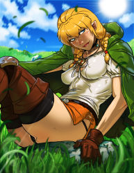 Rule 34 | 1girl, black panties, black thighhighs, blonde hair, blue eyes, boots, braid, breasts, brown footwear, brown gloves, brown thighhighs, cape, choker, commentary, covered erect nipples, ganassa, gloves, hyrule warriors, impossible clothes, impossible shirt, jewelry, knee pads, linkle, lips, lipstick, looking at viewer, makeup, medium breasts, microskirt, nintendo, orange skirt, panties, pantyshot, pendant, pointy ears, puffy short sleeves, puffy sleeves, shirt, short sleeves, side slit, sitting, skirt, solo, the legend of zelda, thigh boots, thighhighs, thighhighs under boots, twin braids, underwear