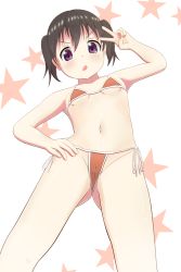 Rule 34 | 1girl, absurdres, bikini, black hair, blush, blush stickers, breasts, cameltoe, feet out of frame, female focus, from below, groin, hand on own hip, hazumu-kagi, highres, kuraue hinata, looking at viewer, micro bikini, navel, open mouth, purple eyes, shiny skin, short hair, short twintails, side-tie bikini bottom, simple background, small breasts, solo, standing, star (symbol), starry background, swimsuit, twintails, v, white background, yama no susume