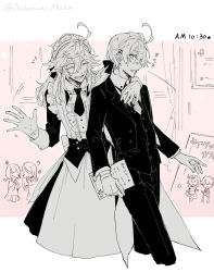 Rule 34 | 2boys, 2girls, ^ ^, ahoge, alternate costume, apron, arm around neck, artist name, back bow, bolo tie, border, bow, butler, center frills, closed eyes, clothing cutout, coat, coattails, collared dress, collared shirt, cropped legs, crossdressing, cuff links, detached collar, door, dress, earrings, enmaided, fate/grand order, fate (series), formal, frilled apron, frills, fujimaru ritsuka (female), fujimaru ritsuka (male), gloves, greyscale with colored background, grin, hair between eyes, hair bow, hair ornament, hairclip, holding, holding menu, jewelry, long sleeves, looking at another, low ponytail, maid, maid headdress, male focus, male maid, menu, merlin (fate), multiple boys, multiple girls, nail polish, necktie, nekohanemocha, notice lines, open clothes, open coat, open mouth, outline, outside border, pants, pink background, ponytail, romani archaman, school festival, shirt, sign, simple background, sleeve cuffs, smile, suit, sweat, timestamp, trap, twitter username, vest, waving, wing collar