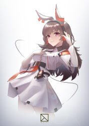Rule 34 | 1girl, absurdres, animal ears, april (arknights), arknights, artist logo, brown hair, dress, hand on own chest, headphones, highres, long hair, njnywy, purple eyes, rabbit ears, tongue, tongue out, walkman, white dress