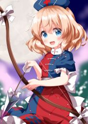 Rule 34 | 1girl, arrow (projectile), blonde hair, blue eyes, blue hat, blush, bow (weapon), constellation print, cosplay, cross, frilled sleeves, frills, hair between eyes, hat, highres, holding, holding arrow, holding bow (weapon), holding weapon, medicine melancholy, nurse cap, open mouth, red cross, ruu (tksymkw), short hair, short sleeves, smile, solo, touhou, two-tone dress, weapon, yagokoro eirin, yagokoro eirin (cosplay)