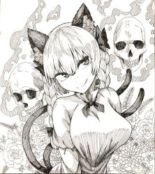 Rule 34 | 1girl, animal ears, bow, braid, breasts, cat ears, cat tail, closed mouth, commentary request, dress, extra ears, fang, fang out, flaming skull, floating skull, flower, frilled dress, frills, graphite (medium), greyscale, hair between eyes, hair bow, hatching (texture), highres, juliet sleeves, kaenbyou rin, ke-su, large breasts, long hair, long sleeves, looking at viewer, monochrome, multiple tails, puffy sleeves, shikishi, skull, smile, solo, split mouth, tail, touhou, traditional media, twin braids, upper body
