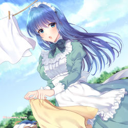Rule 34 | 1girl, alternate costume, apron, awayuki ramika, blue eyes, blue hair, caeda (fire emblem), collared dress, dress, enmaided, fire emblem, frilled apron, frills, green dress, holding, holding clothes, long sleeves, looking at viewer, maid, maid apron, maid headdress, nintendo, outdoors, solo, tagme, twitter username, white apron, wind, wind lift