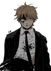 Rule 34 | 1boy, black jacket, black necktie, black pants, bleeding from forehead, blonde hair, blood, blood on clothes, blood on face, chainsaw man, collared shirt, denji (chainsaw man), dirty, highres, jacket, looking at viewer, necktie, pants, shirt, short hair, simple background, solo, spiked hair, stain, tasuketemama, upper body, white background, white shirt, yellow eyes