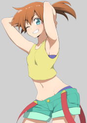 Rule 34 | 1girl, armpits, arms behind head, arms up, bad id, bad twitter id, blue eyes, blush, breasts, contrapposto, cowboy shot, creatures (company), game freak, grey background, grin, looking at viewer, midriff, misty (pokemon), navel, nintendo, one eye closed, one side up, orange hair, pokemon, pokemon (anime), pokemon sm042, pokemon sm (anime), salpin, shirt, short shorts, shorts, simple background, sleeveless, sleeveless shirt, small breasts, smile, solo, suspenders hanging