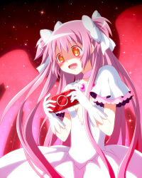 Rule 34 | 10s, 1girl, :d, bad id, bad pixiv id, dress, gloves, hachiya mei, handheld game console, kaname madoka, long hair, mahou shoujo madoka magica, mahou shoujo madoka magica (anime), open mouth, pink hair, playing games, playstation portable, shaded face, smile, solo, twintails, two side up, ultimate madoka, wings, yellow eyes