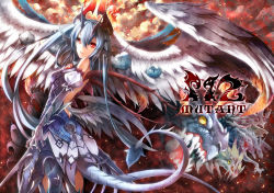 Rule 34 | 1girl, backless outfit, bad id, bad pixiv id, blue dress, blue hair, claws, detached sleeves, dragon, dress, head wings, horns, long hair, low wings, original, red eyes, scales, senzi, solo, tail, wings