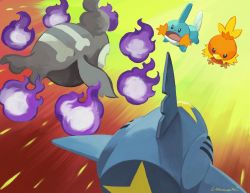Rule 34 | black eyes, closed mouth, commentary, creatures (company), duskull, energy, game freak, gen 3 pokemon, highres, mudkip, nintendo, no humans, open mouth, pokemon, pokemon (creature), pokemon battle, sharpedo, signature, tongue, torchic, uninori