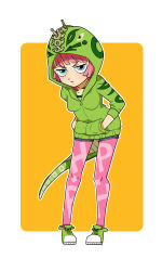 Rule 34 | 1girl, bad id, bad pixiv id, bent over, blue eyes, blush, character name, chibi, cosplay, diego brando, dinosaur, frown, green eyes, hands in pockets, hood, hoodie, hot pants (sbr), jojo no kimyou na bouken, leaning forward, moyori, orange background, pantyhose, pink hair, pink pantyhose, red hair, scary monsters (stand), shawl, shoes, short hair, simple background, sneakers, solo, steel ball run