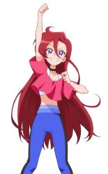 Rule 34 | 1girl, asymmetrical bangs, blue leggings, casual, choker, clenched hands, commentary, crop top, grin, hair between eyes, hair strand, jewelry, kayabakoro, leggings, long hair, looking at viewer, loose clothes, loose shirt, midriff, precure, purple eyes, raised fist, red hair, red shirt, ring, shirt, short sleeves, simple background, single vertical stripe, smile, solo, standing, takizawa asuka, tropical-rouge! precure, very long hair, white background, white shirt