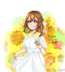 Rule 34 | 1girl, artist name, artist request, blue butterfly, blush, bow, braid, breasts, brown eyes, brown hair, bug, butterfly, butterfly on hand, collared dress, dress, female focus, hair between eyes, hair bow, half updo, highres, holding, holding clothes, holding skirt, insect, kunikida hanamaru, light brown hair, long hair, looking at viewer, love live!, love live! sunshine!!, medium breasts, miniskirt, one side up, parted lips, plaid, plaid dress, plaid skirt, pleated dress, pleated shirt, pleated skirt, short sleeves, skirt, smile, solo, white background, white bow, white dress, white skirt, yellow eyes