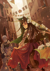 Rule 34 | 00s, animal ears, black eyes, brown hair, child, craft lawrence, dress, flower, holo, long hair, looking back, petals, red eyes, shi chi mi, short hair, silver hair, skirt, spice and wolf, tail, window, wolf ears