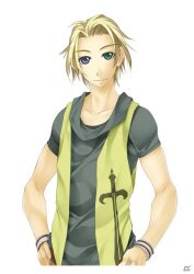 Rule 34 | 1boy, atelier-moo, bishounen, blonde hair, blue eyes, closed mouth, collarbone, cowboy shot, gala fran, green eyes, heterochromia, lasting anthem, looking at viewer, shirt, short hair, short sleeves, simple background, smile, solo, white background, wristband
