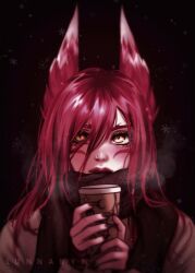 Rule 34 | 1girl, animal ears, black nails, breath, coffee, facial mark, highres, jewelry, league of legends, long hair, lunnaryn, nail polish, nose piercing, nose ring, piercing, red hair, scarf, snowflakes, watermark, winter, xayah