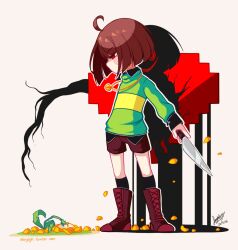 1other ahoge arm_at_side black_socks blunt_ends bob_cut boots brown_background brown_footwear brown_hair brown_shorts chara_(undertale) collared_shirt commentary cross-laced_footwear english_commentary flowey_(undertale) full_body green_sweater highres holding holding_knife jewelry knee_boots kneehighs knife necklace no_mouth no_pupils orange_petals profile red_eyes sandragh shirt short_hair short_shorts shorts simple_background socks spoilers standing sweater turtleneck turtleneck_sweater two-tone_sweater undertale yellow_sweater