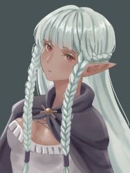 Rule 34 | 1girl, braid, braided bangs, breasts, cleavage, cloak, dangouo ty, dark-skinned female, dark skin, elf, eyelashes, grey background, highres, light blush, light smile, looking at viewer, pointy ears, purple cloak, red eyes, rosalinde (unicorn overlord), shiny clothes, solo, unicorn overlord, upper body, white hair