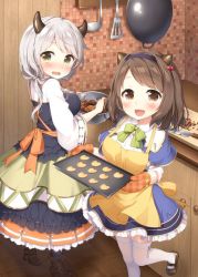 Rule 34 | 2girls, :d, baking, black skirt, blue capelet, blue legwear, blue skirt, blush, boots, bow, bowl, breasts, brown eyes, brown footwear, brown hair, camieux, capelet, commentary request, cookie, counter, draph, food, frying pan, granblue fantasy, hair bobbles, hair ornament, heart, holding, holding bowl, horns, indoors, kitchen knife, ladle, large breasts, long hair, long sleeves, looking at viewer, looking to the side, masuishi kinoto, mixing bowl, multiple girls, nose blush, open mouth, oven mitts, pantyhose, plaid, shirt, shoes, silver hair, skirt, smile, spatula, standing, standing on one leg, thighhighs, unmoving pattern, wavy mouth, white legwear, white shirt, wide sleeves, wooden floor, yaia (granblue fantasy), yellow bow