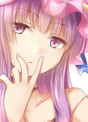 Rule 34 | 1girl, bra, choker, close-up, collarbone, commentary, hand on own face, hat, head tilt, lace, lace bra, lace choker, long hair, looking at viewer, mob cap, nail polish, parted lips, patchouli knowledge, pink hat, portrait, purple eyes, purple hair, purple nails, ram hachimin, simple background, solo, strap slip, touhou, underwear, very long hair, white background
