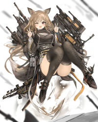 Rule 34 | 1girl, absurdres, animal ears, arknights, bad id, bad pixiv id, black footwear, black thighhighs, blush, breasts, brown hair, ceobe (arknights), commentary request, double v, hair between eyes, hands up, highres, long hair, looking at viewer, medium breasts, one eye closed, open mouth, red eyes, shoes, solo, thighhighs, thighs, tuda6, v, white background