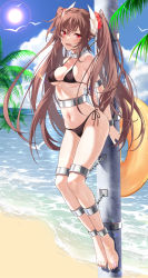 Rule 34 | 1girl, absurdres, arms behind back, azur lane, bare shoulders, barefoot, beach, bikini, bird, black bikini, blue sky, blush, bound, breasts, brown hair, chain, chained, cleavage, cloud, collarbone, commentary, day, devil heavens, fang, full body, groin, hair between eyes, hair ornament, hair scrunchie, halterneck, haruna (azur lane), highres, horns, immobilization, innertube, lens flare, long hair, looking at viewer, lower teeth only, medium breasts, navel, ocean, open mouth, outdoors, palm leaf, pole, red eyes, red scrunchie, restrained, scrunchie, shadow, side-tie bikini bottom, sidelocks, sky, solo, stationary restraints, stomach, string bikini, sun, sweat, swim ring, swimsuit, teeth, twintails, underboob