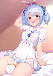 Rule 34 | 1girl, arm support, belt, blue hair, blue necktie, blue ribbon, blush, dress, gmkj, hair ribbon, hairband, highres, hololive, hololive fantasy, looking at viewer, necktie, open mouth, puffy short sleeves, puffy sleeves, rabbit-shaped pupils, ribbon, short hair, short sleeves, sitting, smile, symbol-shaped pupils, teeth, thick eyebrows, thighs, twintails, upper teeth only, usada pekora, usada pekora (casual), virtual youtuber, white belt, white dress, white hairband
