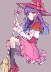 Rule 34 | 1girl, aikatsu!, aikatsu! (series), black socks, blush, bow, broom, brown background, capelet, closed mouth, hat, hat bow, highres, hikami sumire, holding, holding broom, kneehighs, long hair, long sleeves, looking at viewer, magic school uniform, mahou girls precure!, makiaato, mary janes, pink bow, pink skirt, plaid, plaid bow, precure, purple eyes, purple hair, red capelet, red footwear, red hat, school uniform, shirt, shoes, simple background, sitting, skirt, smile, socks, solo, white shirt, witch hat