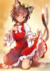 Rule 34 | 1girl, animal ears, bow, brown eyes, brown hair, cat ears, cat tail, chen, clothes lift, dress, dress lift, earrings, frills, gradient background, hat, jewelry, jpeg artifacts, kneeling, long sleeves, looking at viewer, matsuda (matsukichi), mob cap, multiple tails, nail polish, paw pose, puffy sleeves, red dress, single earring, smile, socks, solo, tail, touhou, vest, white socks