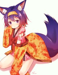 Rule 34 | 1girl, animal ear fluff, animal ears, blush, commentary request, fox ears, fox tail, grey background, hair between eyes, hair intakes, hairband, hatsuse izuna, japanese clothes, minazuki mizu, no game no life, parted lips, purple eyes, purple hair, short hair, simple background, sitting, sleeves past wrists, solo, tail, white background