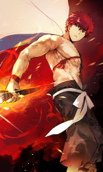 Rule 34 | 1boy, bare pectorals, biceps, cape, embers, emiya shirou, fate/grand order, fate (series), fire, highres, holding, holding weapon, limited/zero over, male focus, muscular, muscular male, nishiide kengorou, pectorals, red hair, senji muramasa (fate), topless male, solo, weapon, white cape, wristband, yellow eyes